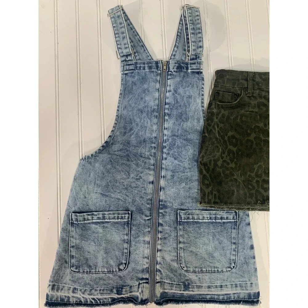 Tractr Skirt Dress Set Girls Medium Blue Olive Leopard Acid Wash Denim Y2K 2pc